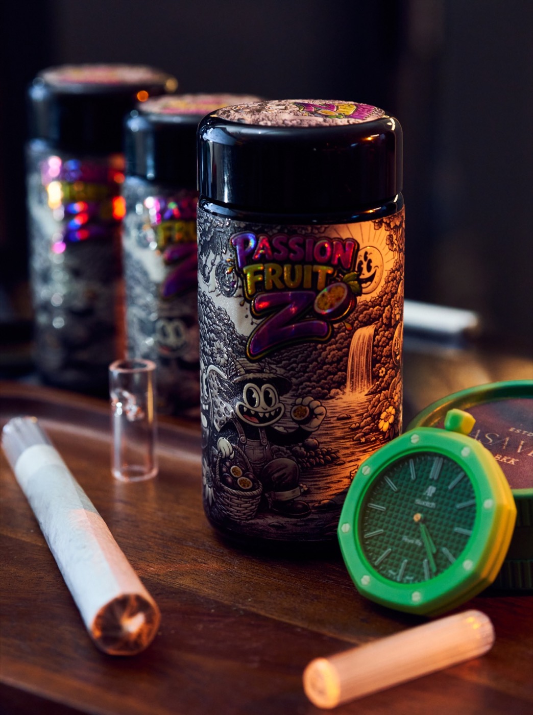 Passionfruit Z jar beside a glass-tipped pre-roll